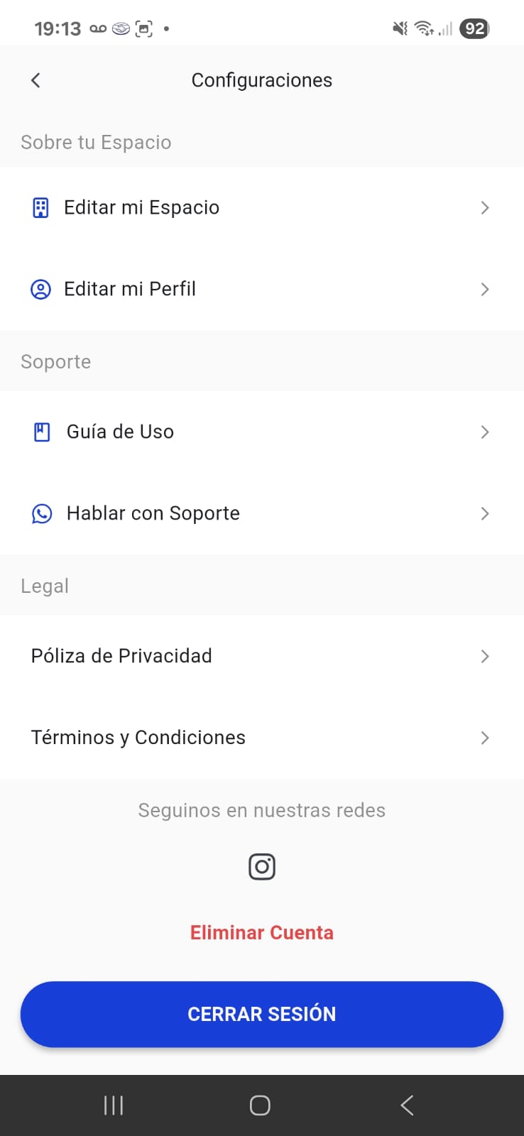 Opciones de configuración en la app móvil