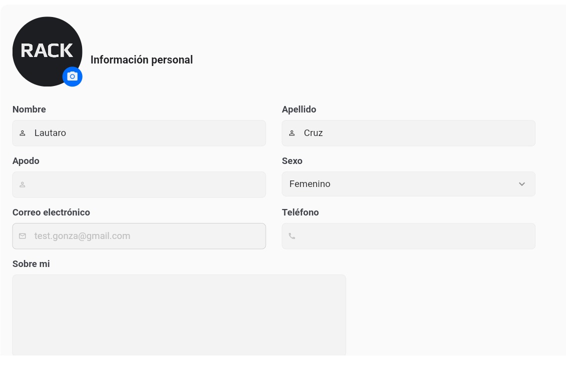 Pantalla de edición de perfil en la web app