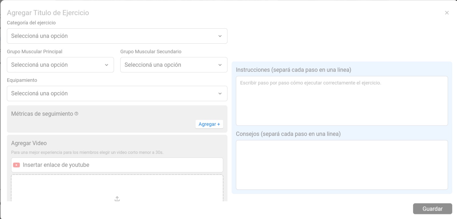 Pantalla de creación de ejercicio
