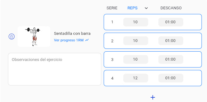 Enlace Ver progreso 1RM en la pantalla de crear/editar entrenamiento