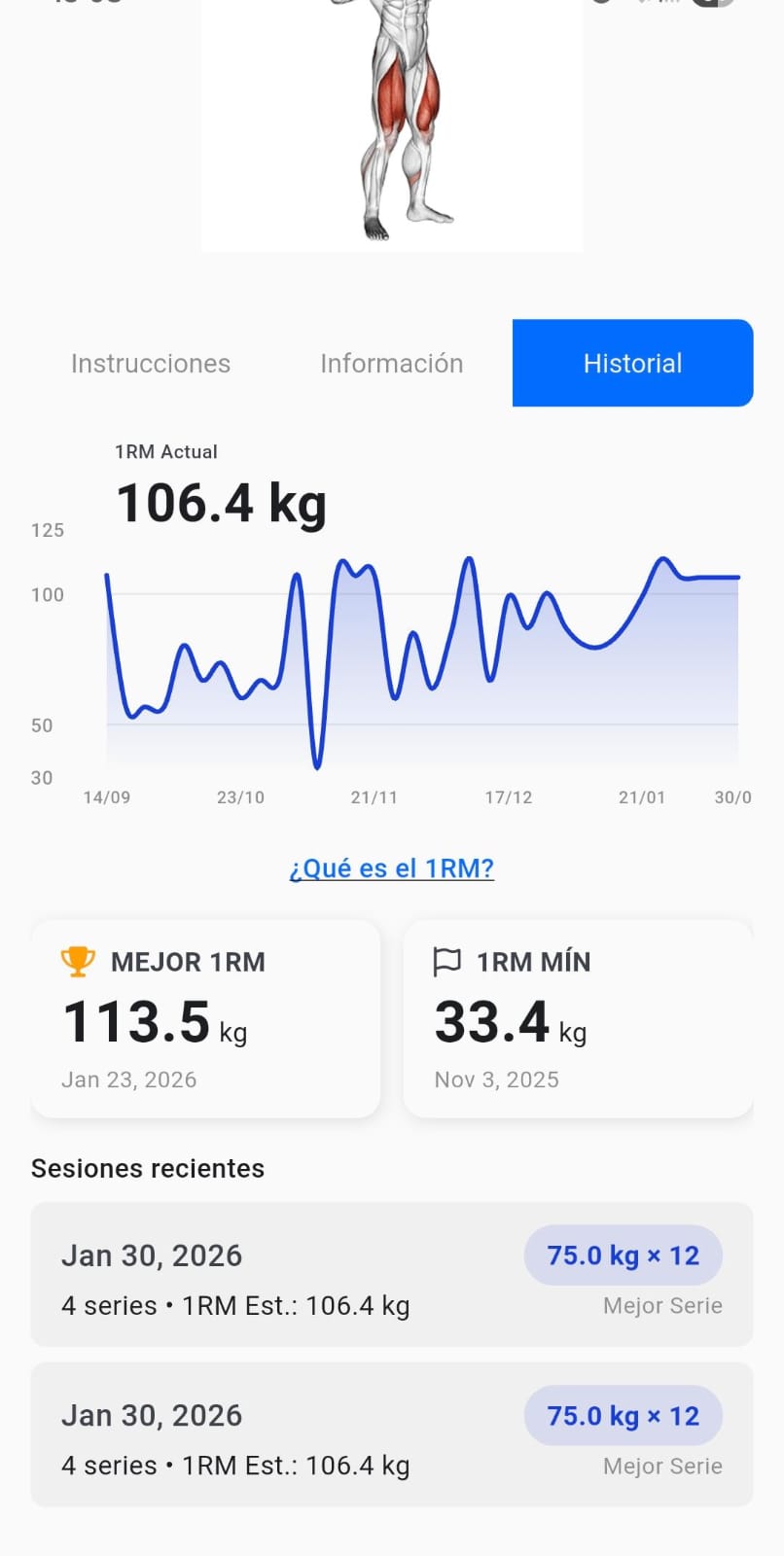 Pestaña Historial con progreso 1RM en la app móvil