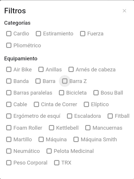 Diálogo de filtros de ejercicios