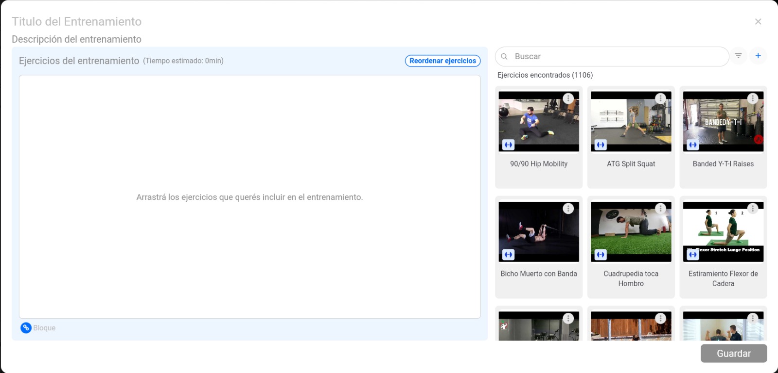 Pantalla de creación de entrenamiento