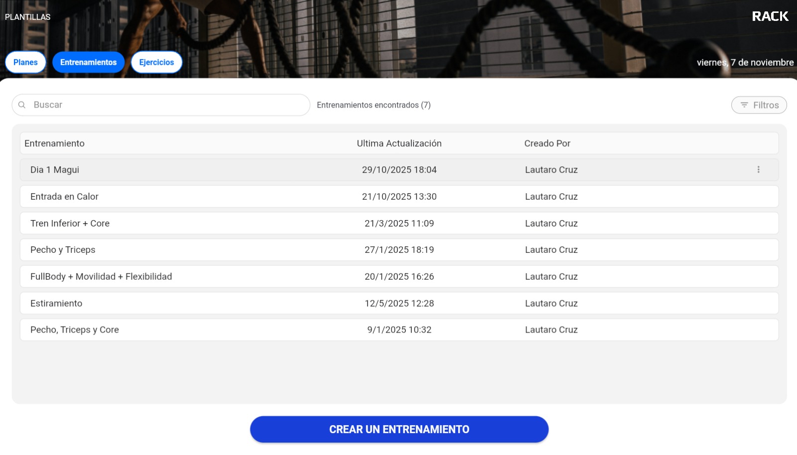 Pantalla de plantillas de entrenamientos