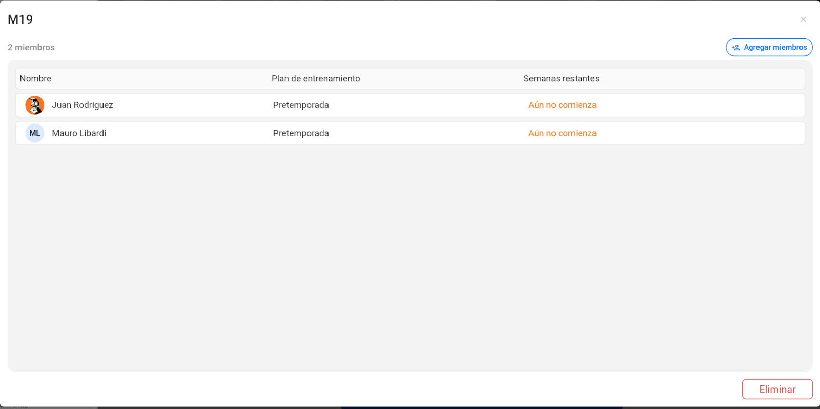 Ventana de detalle del grupo: nombre, lista de miembros, agregar y eliminar