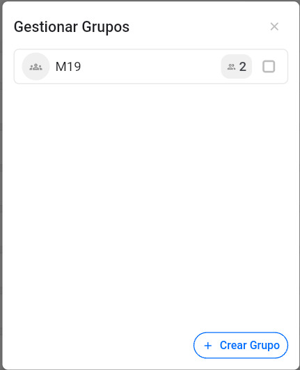 Ventana con la lista de grupos y opción Crear Grupo