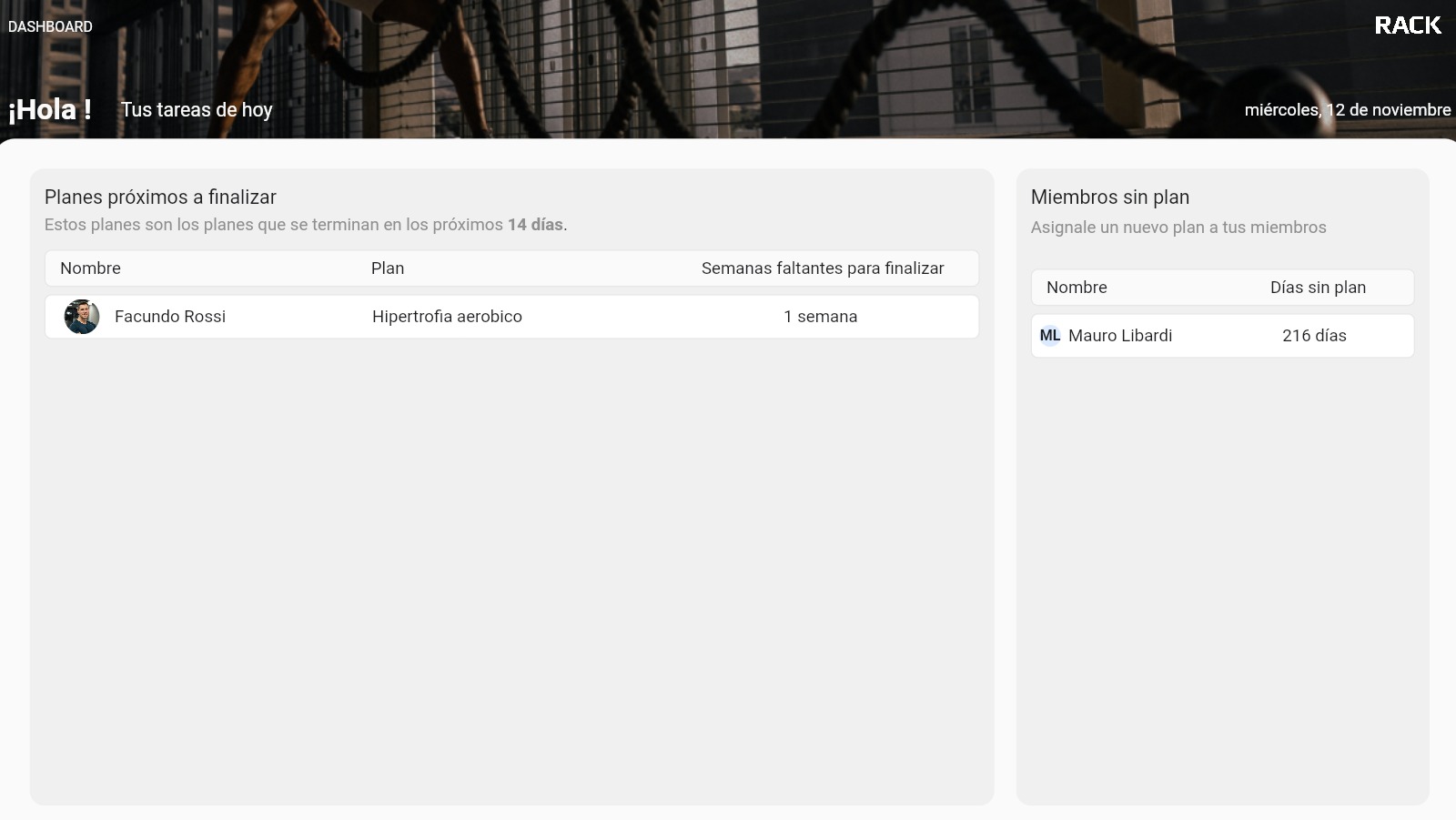 Pantalla Dashboard en la web app