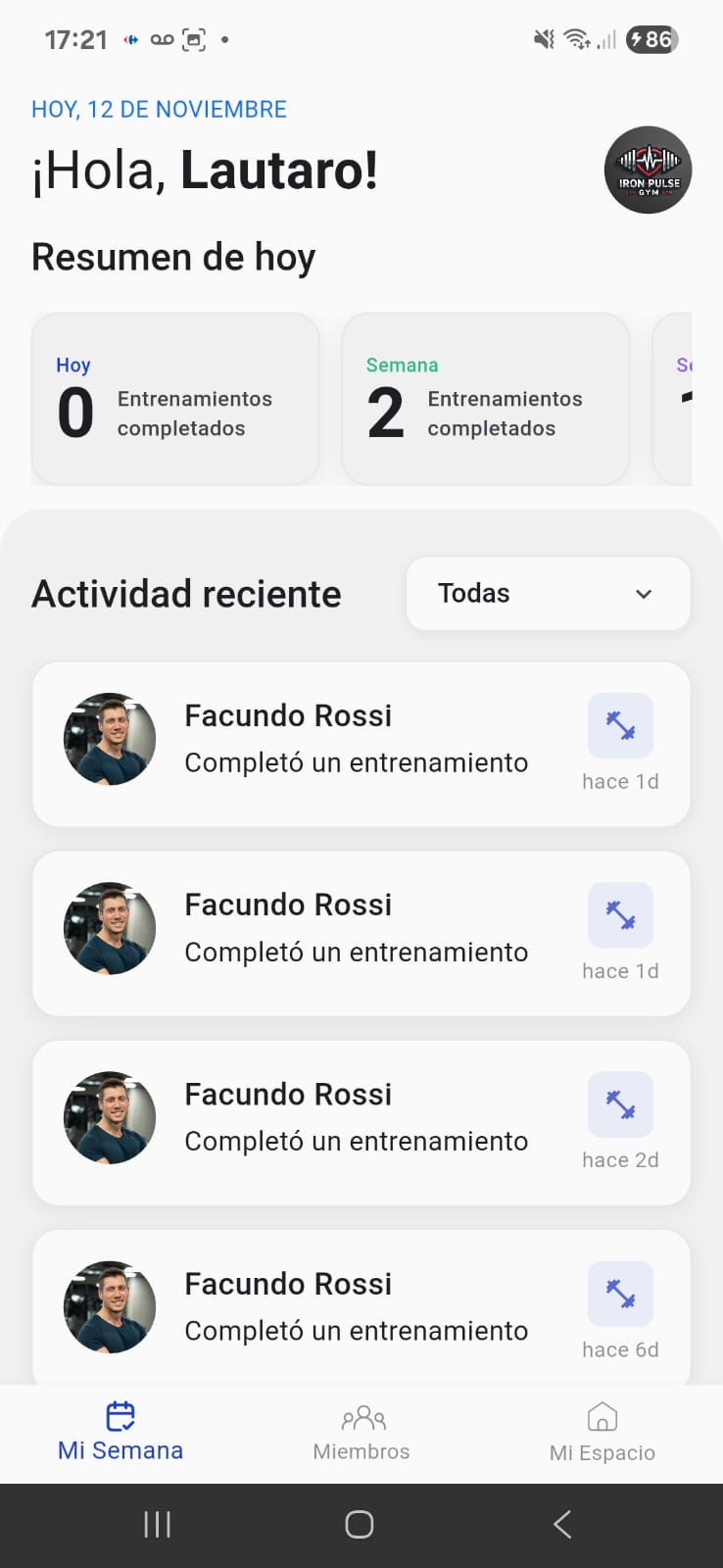 Pantalla Mi Semana en la app móvil