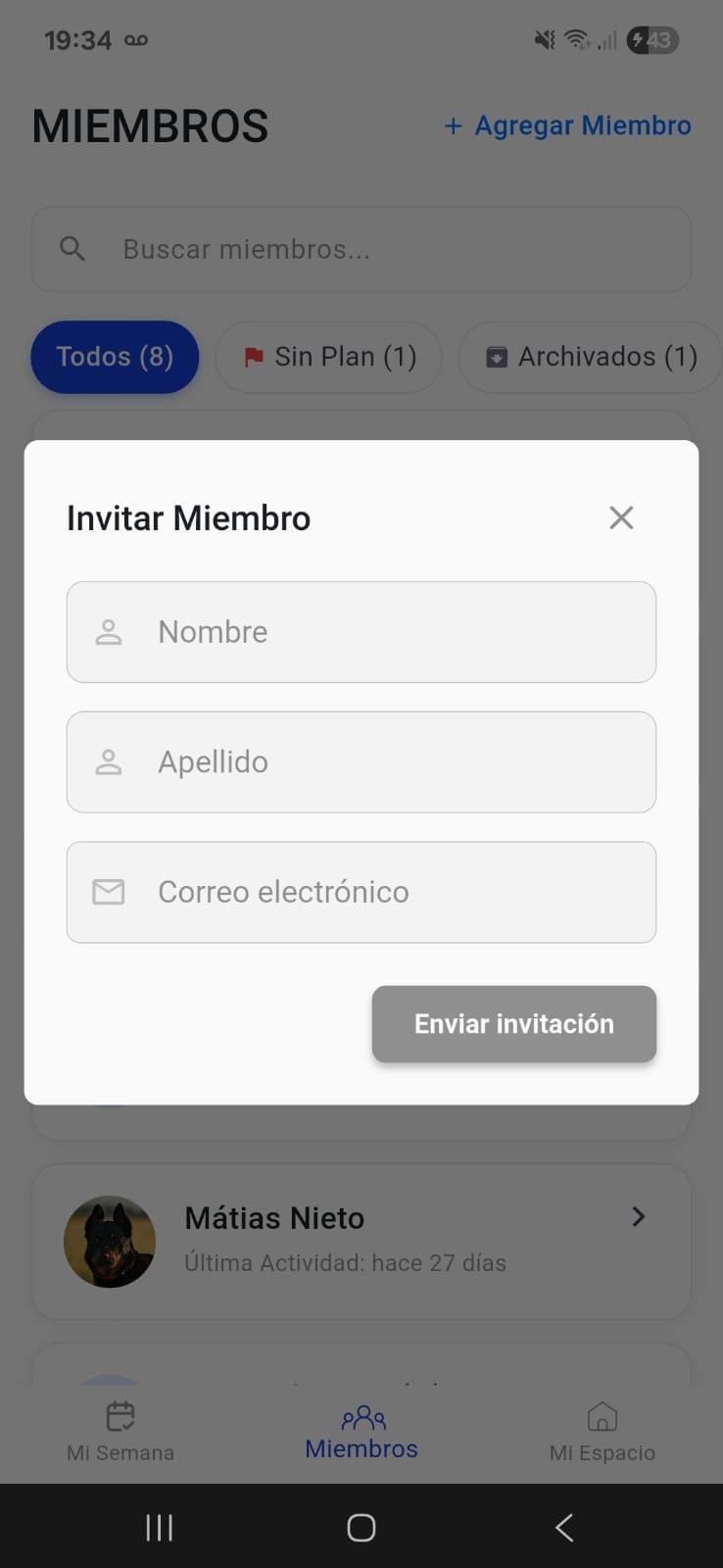 Pantalla de invitación en la app móvil