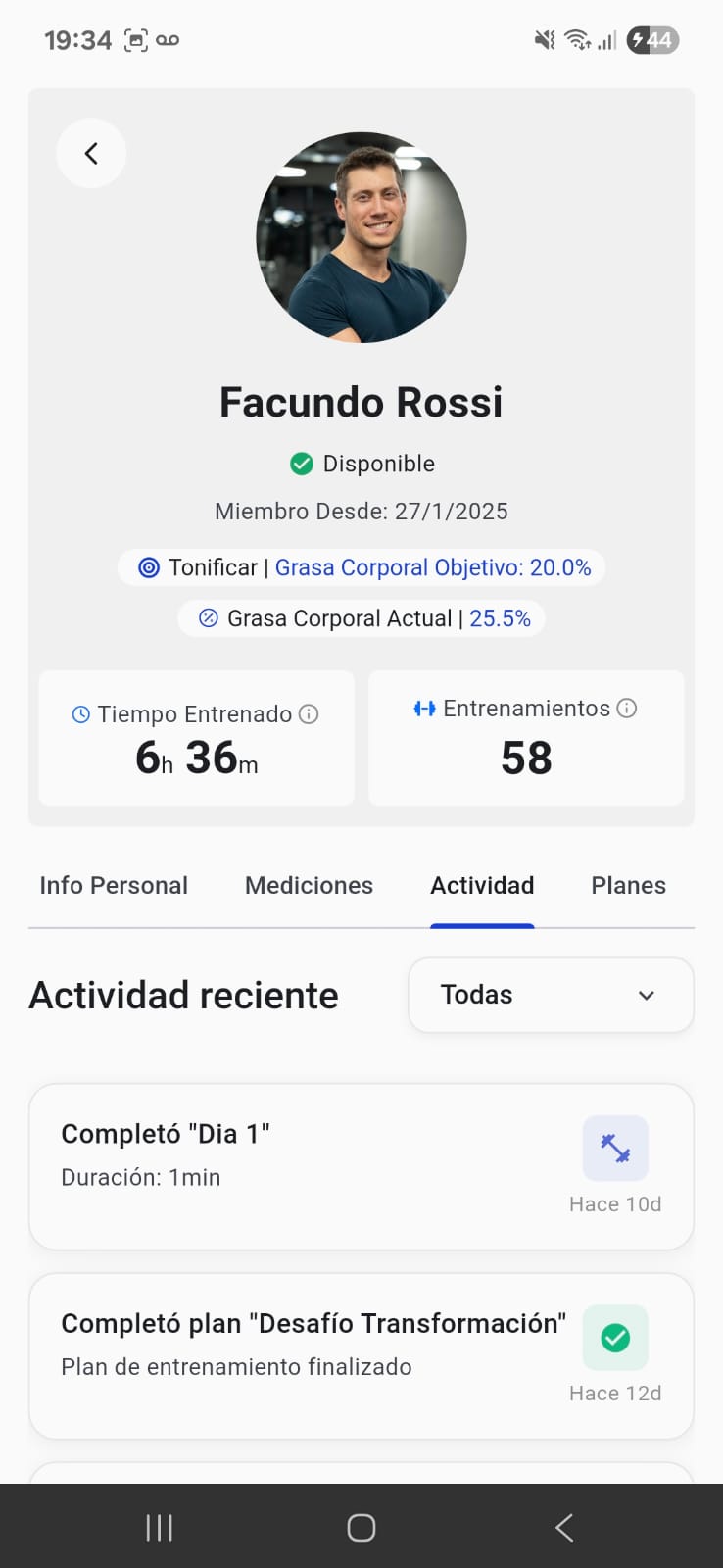 Lista de actividad en la app móvil