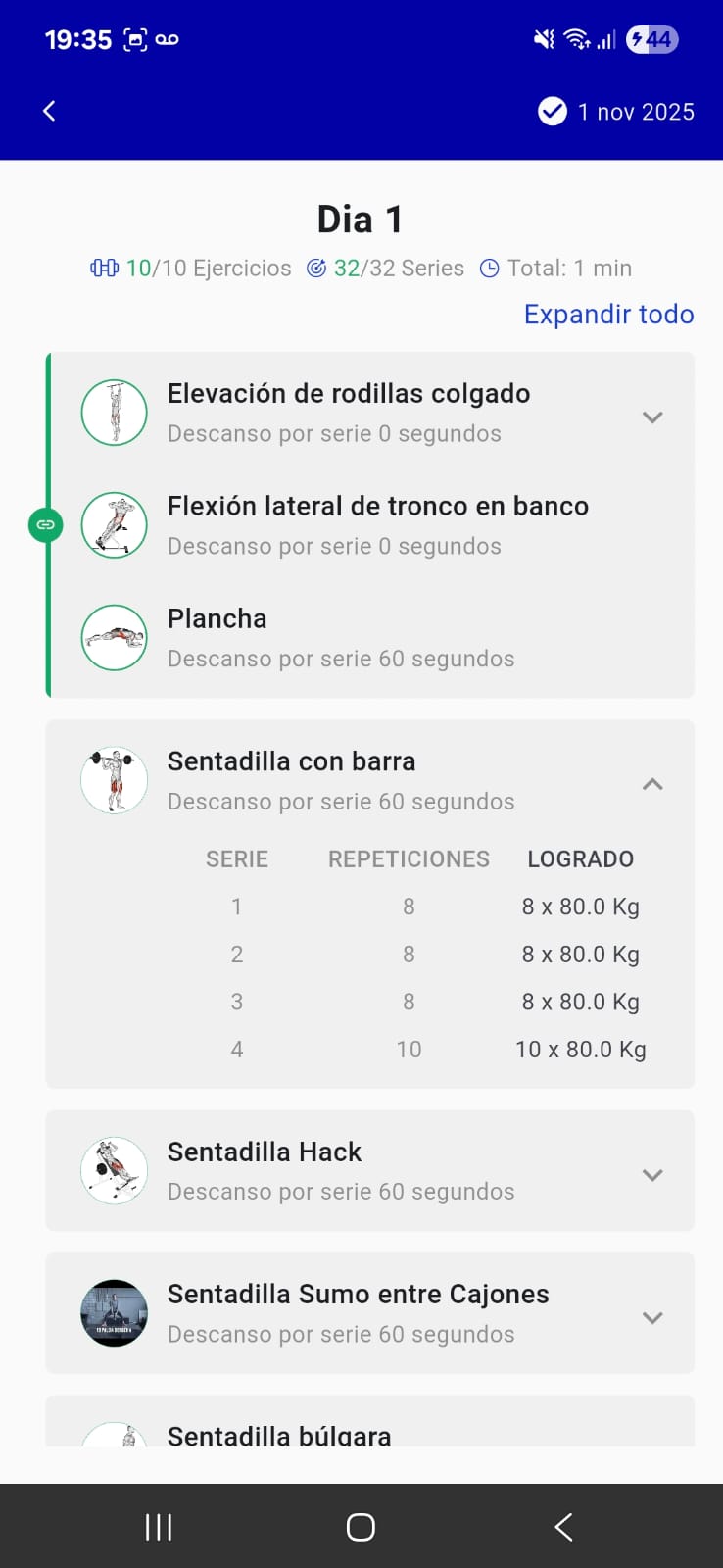 Entrenamiento completado en la app móvil
