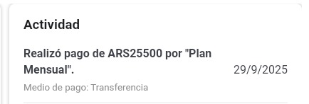 Vista de actividad de pagos del miembro desde la app de entrenador