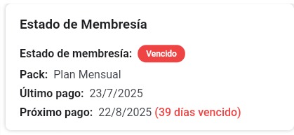 Vista de información de membresía del miembro desde la app de entrenador