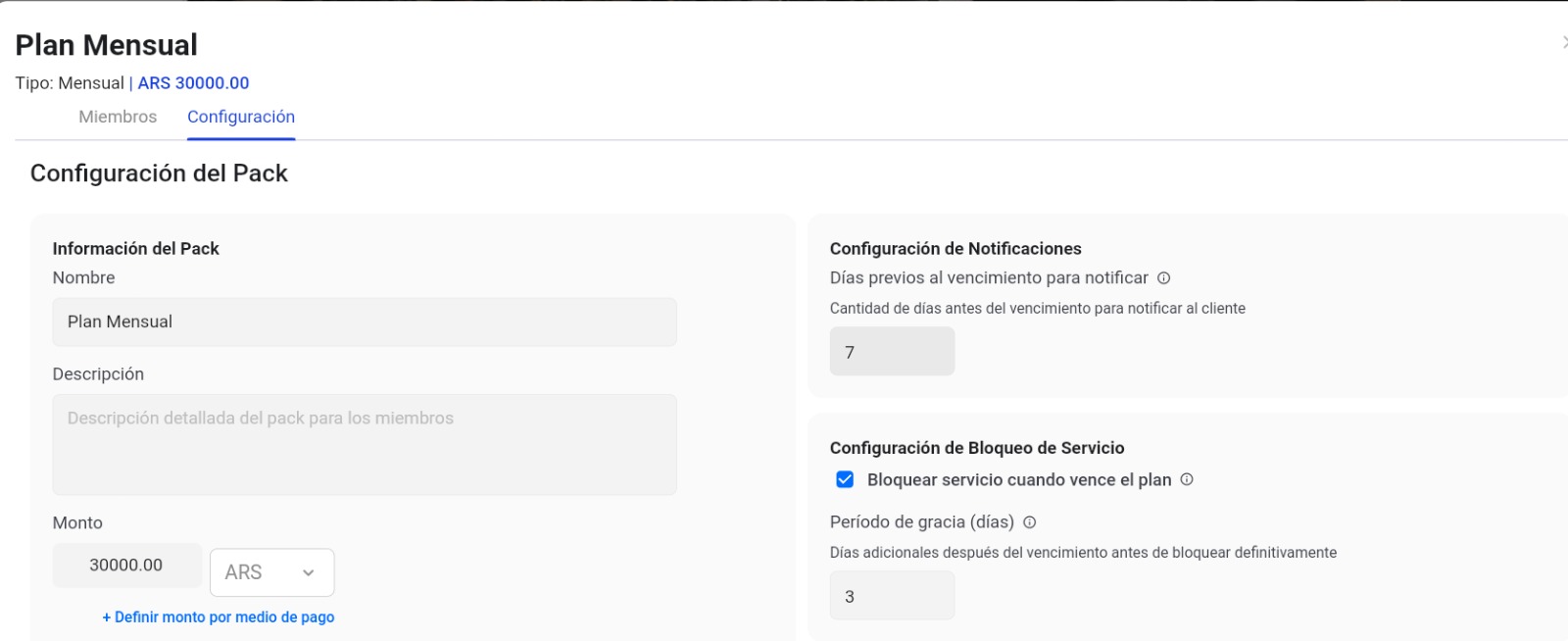 Configuración de pack