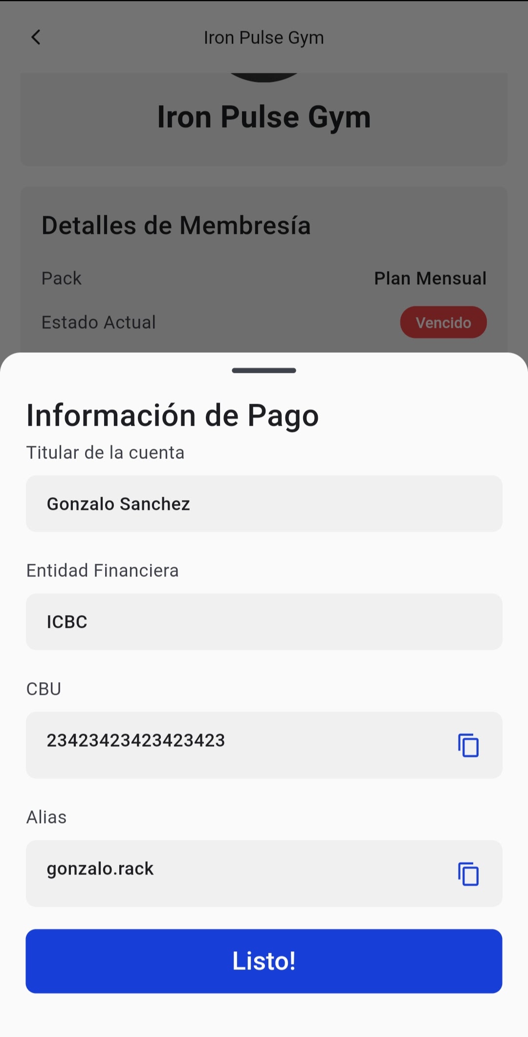 Vista de información de pago que ve el miembro en su app