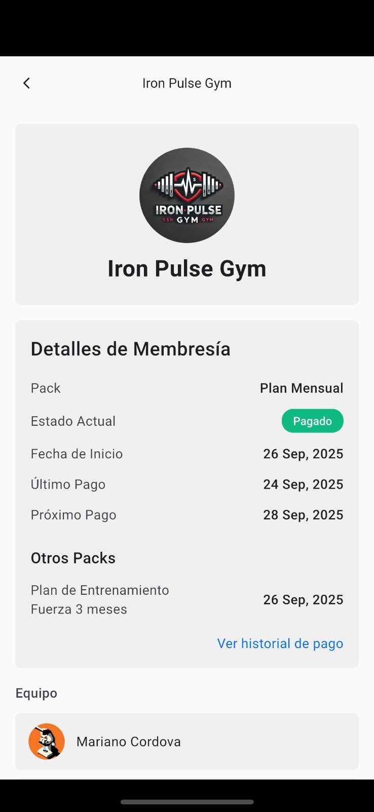 Vista de información de membresía que ve el miembro en su app