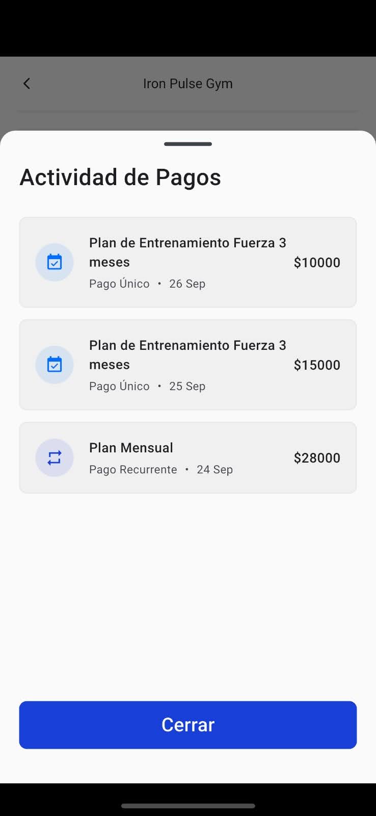 Vista de actividad de pagos que ve el miembro en su app
