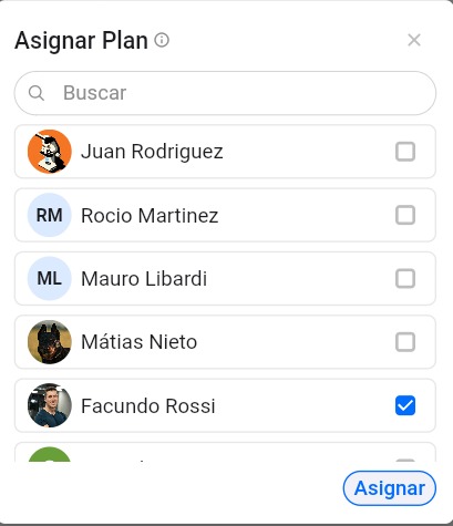 Ventana de asignación de plan a miembros