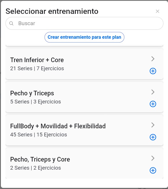 Ventana de selección de entrenamientos
