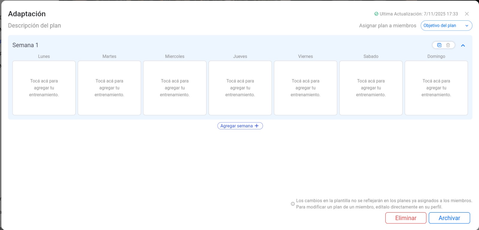 Pantalla de creación de plan de entrenamiento