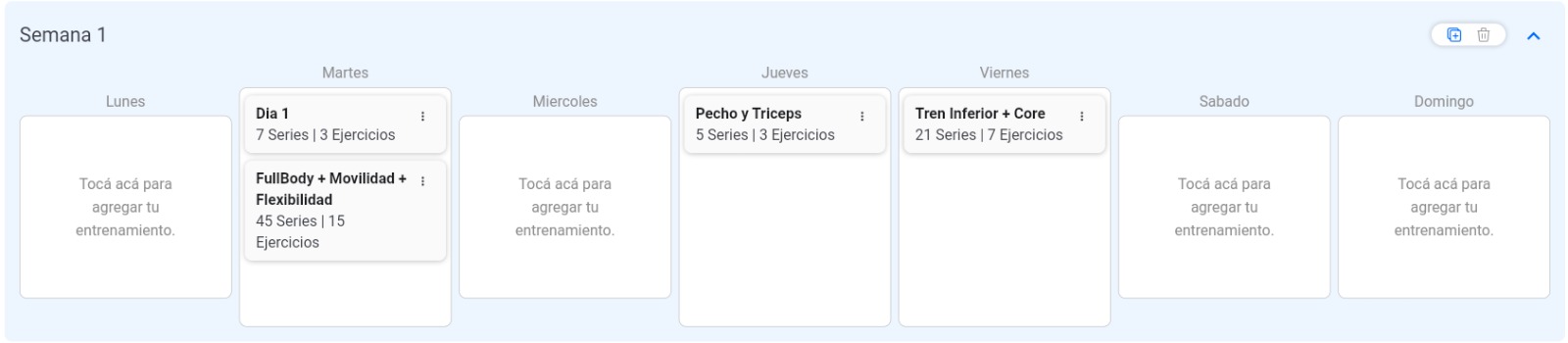 Semana con entrenamientos asignados