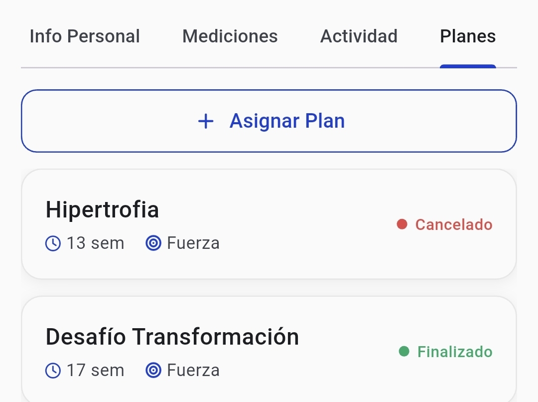 Lista de planes con botón Asignar Plan en la app móvil