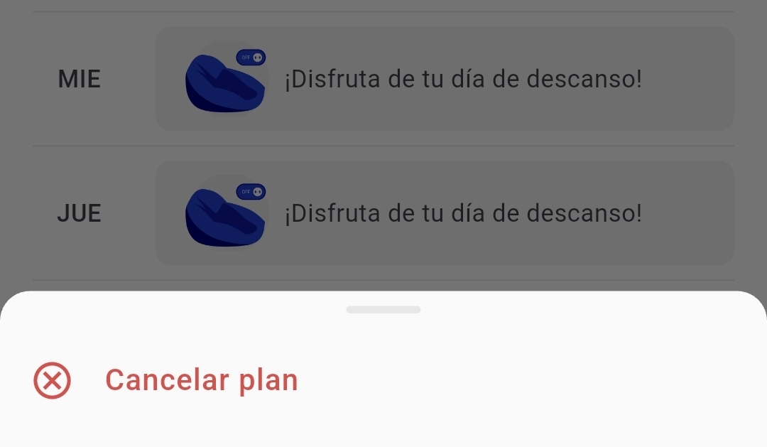 Menú de opciones del plan