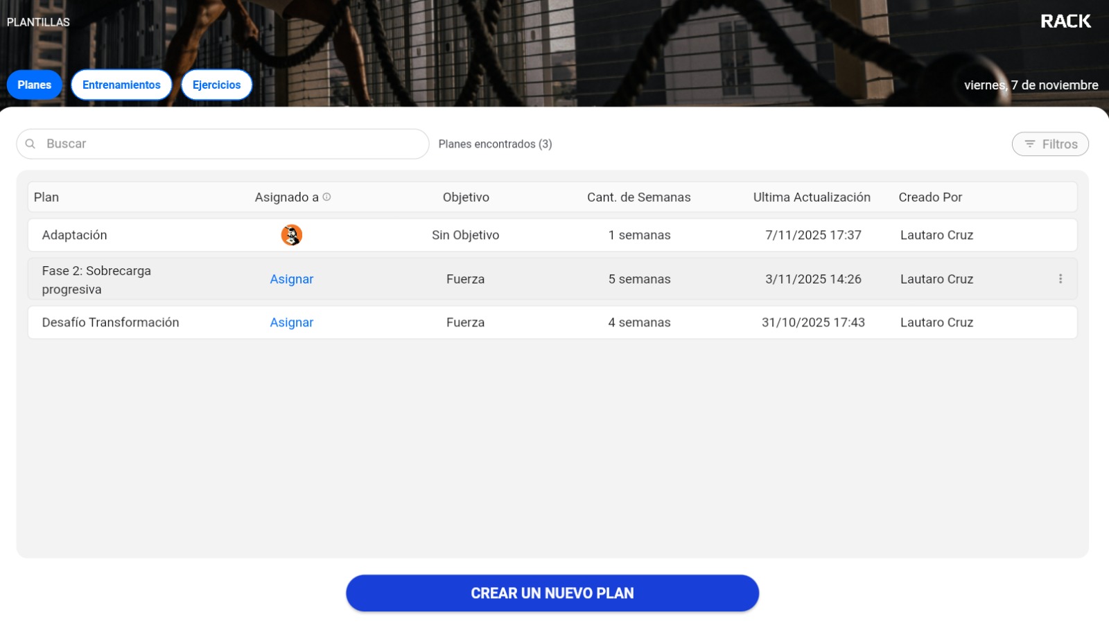 Pantalla de plantillas de planes de entrenamiento