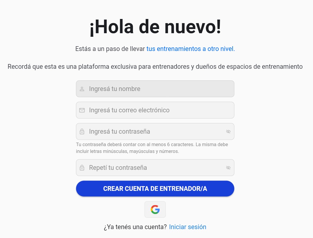 Formulario de registro de entrenador