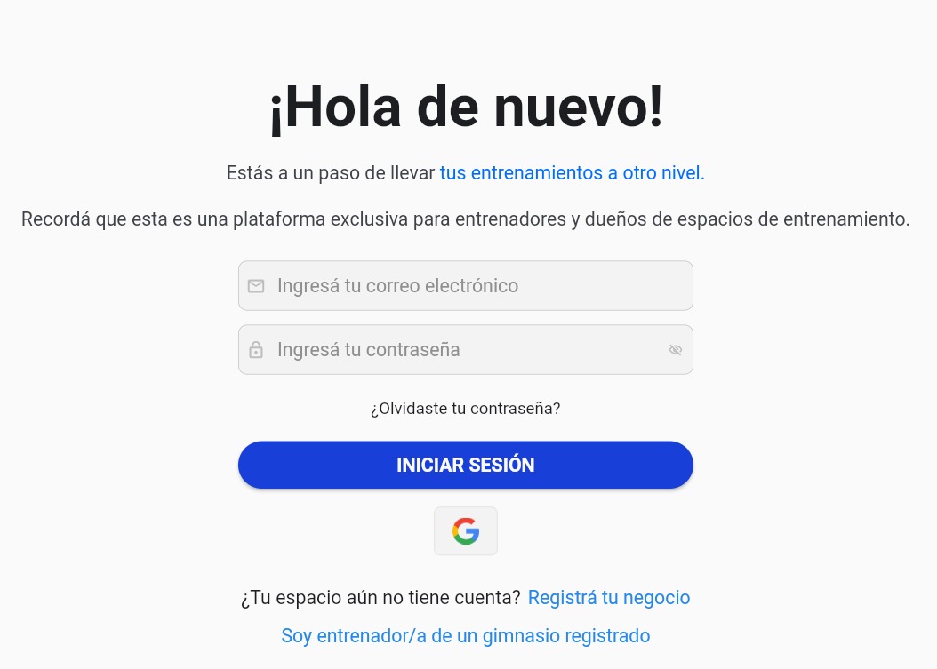 Pantalla inicial de registro de entrenador